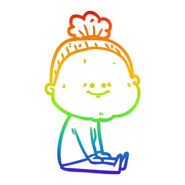 Rainbow gradient line drawing cartoon happy old woman — Stock Vector