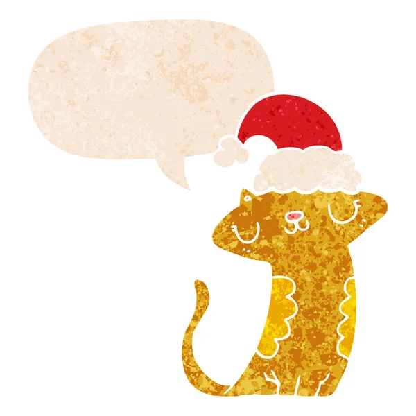 Mignon chat dessin animé portant chapeau de Noël et bulle de la parole dans retr — Image vectorielle