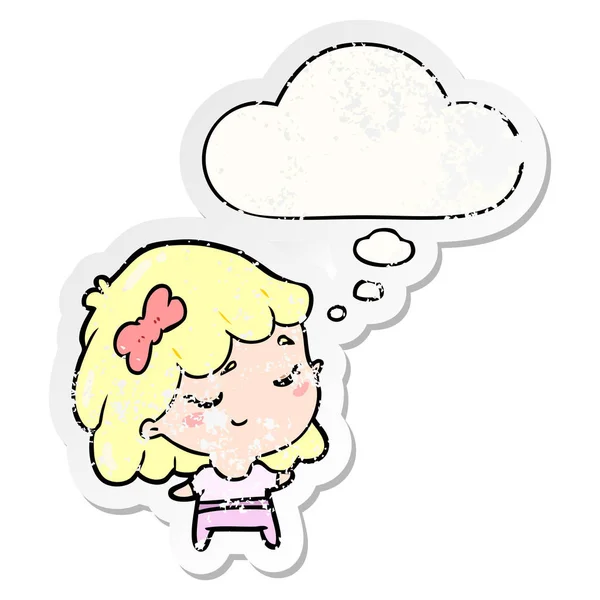 Cartoon gelukkig meisje en dacht Bubble als een verdrietig versleten stok — Stockvector
