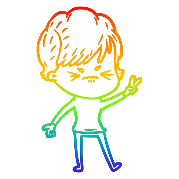 Rainbow gradient ligne dessin dessin animé femme frustrée — Image vectorielle