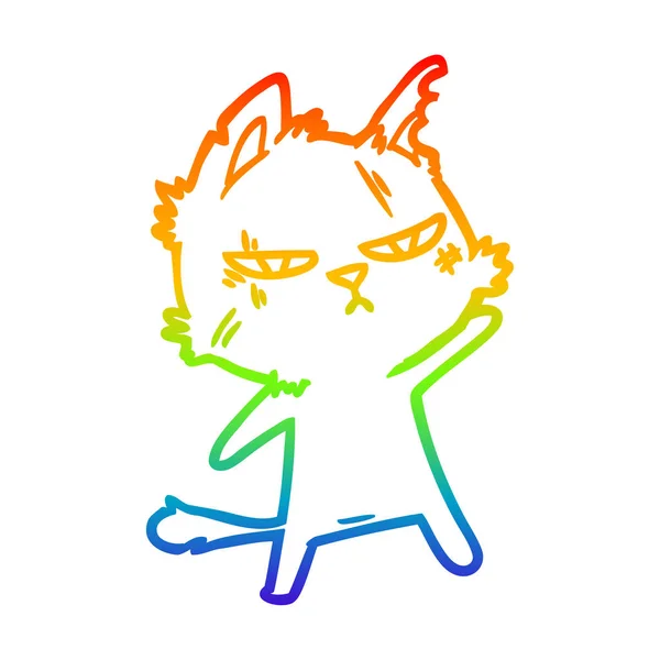 Regenbogen-Gradienten-Linie zeichnet harte Cartoon-Katze — Stockvektor