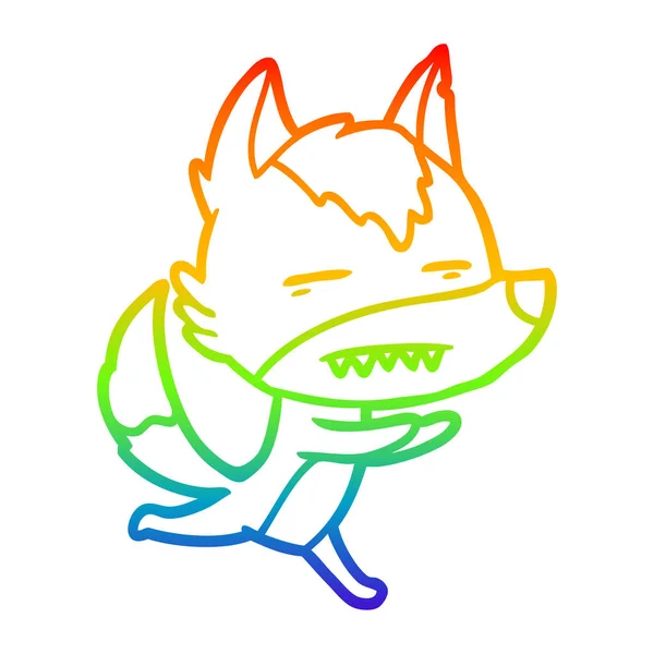 Rainbow Gradient Line Zeichnung Cartoon Wolf zeigt Zähne — Stockvektor