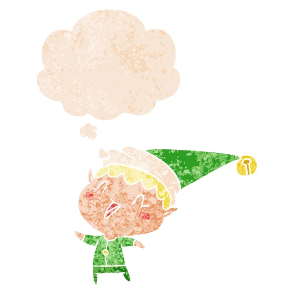 Cartone animato felice Natale elfo e bolla di pensiero in retrò strutturato — Vettoriale Stock