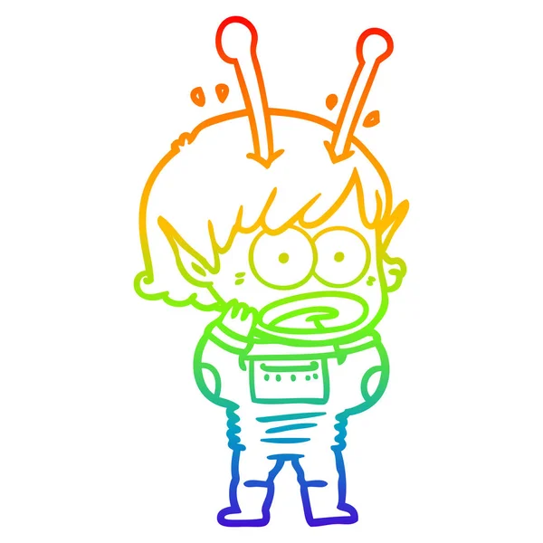 Rainbow gradient linje ritning Cartoon chockad Alien Girl — Stock vektor