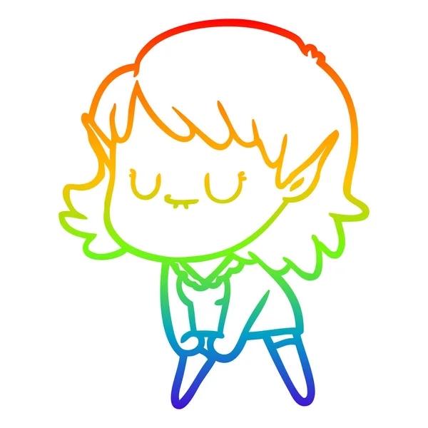 Rainbow gradient linje ritning lycklig tecknad elf flicka poserar — Stock vektor