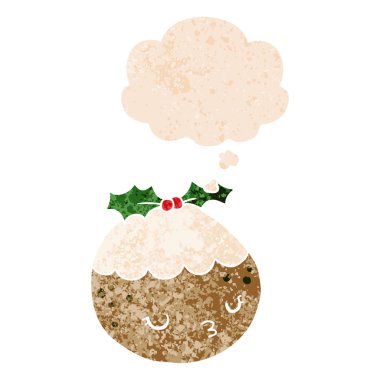 retro textu sevimli karikatür noel puding ve düşünce balonu