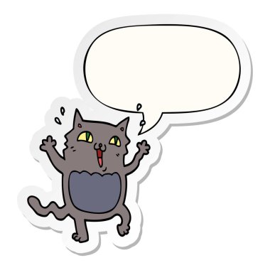 karikatür deli heyecanlı kedi ve konuşma kabarcık etiket