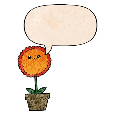 retro doku tarzında karikatür çiçek ve konuşma balonu