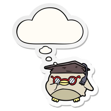 karikatür akıllı kuş ve baskılı bir etiket olarak kabarcık düşünce