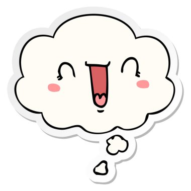 mutlu karikatür yüz ve basılı bir etiket olarak kabarcık düşünce