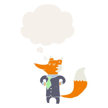 karikatür tilki işadamı ve retro tarzında düşünce balonu