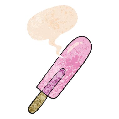 retro dokulu tarzda karikatür buz lolly ve konuşma balonu