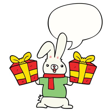 karikatür tavşan ve noel hediyeleri ve konuşma balonu