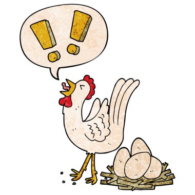 retro doku st karikatür tavuk yumurtlama yumurta ve konuşma balonu