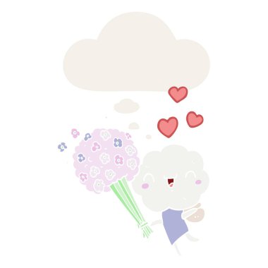 sevimli karikatür bulut kafa yaratık ve retro sty düşünce balonu