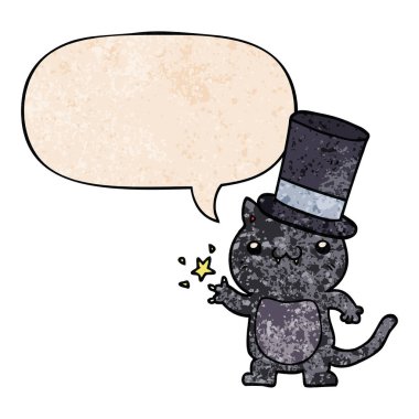 retro doku s üst şapka ve konuşma balonu giyen karikatür kedi