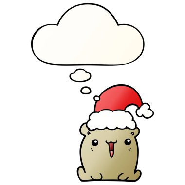 noel şapka ve smoot düşünce balonu ile sevimli karikatür ayı