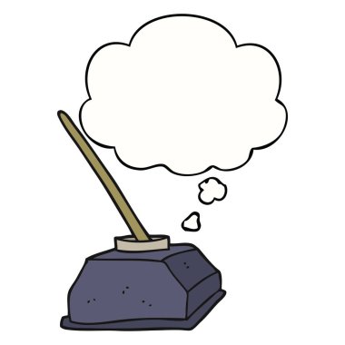 karikatür eski mürekkep pot ve kalem ve düşünce balonu