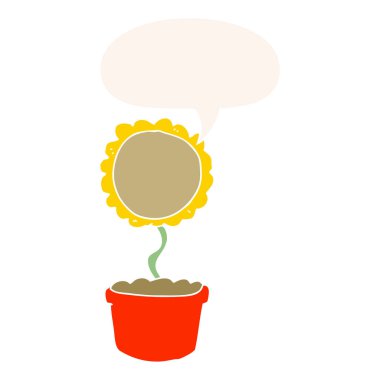 retro tarzında sevimli karikatür çiçek ve konuşma balonu