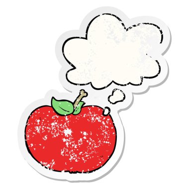 karikatür elma ve sıkıntılı yıpranmış etiket olarak kabarcık düşünce