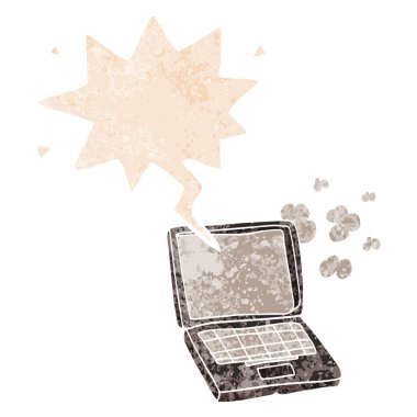 retro dokulu stil karikatür dizüstü bilgisayar ve konuşma balonu