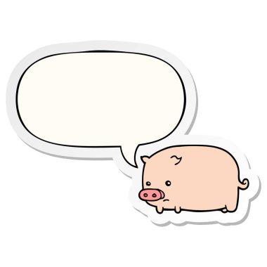 sevimli karikatür domuz ve konuşma kabarcık etiket