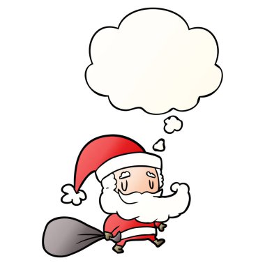 düz gradi çuval ve düşünce balonu ile karikatür noel baba