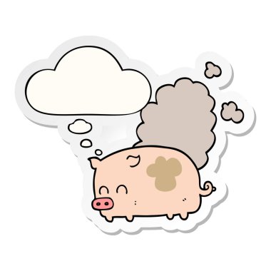 karikatür kokulu domuz ve baskılı bir etiket olarak kabarcık düşünce