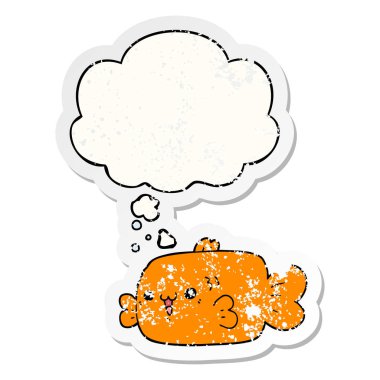 karikatür balık ve sıkıntılı yıpranmış etiket olarak kabarcık düşünce