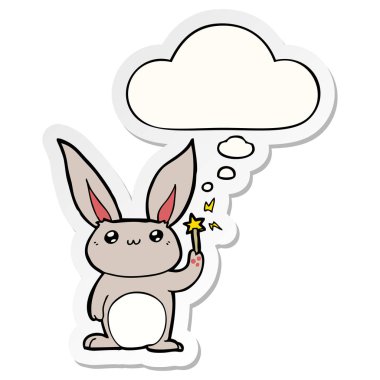 sevimli karikatür tavşan ve baskılı bir etiket olarak kabarcık düşünce