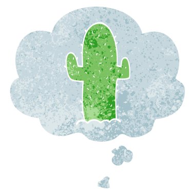 retro dokulu tarzda karikatür kaktüs ve düşünce balonu