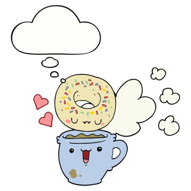sevimli karikatür donut ve kahve ve düşünce balonu