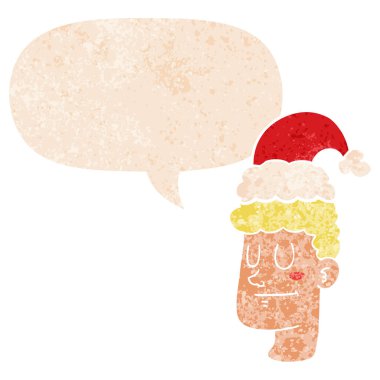 retro tex noel şapkası ve konuşma balonu giyen karikatür adam