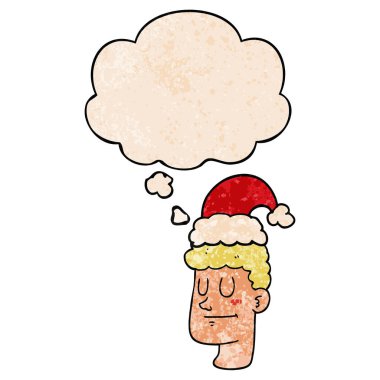 karikatür adam noel şapkası giyen ve grunge t kabarcık düşünce