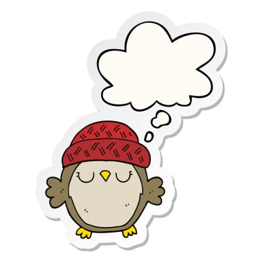 şapka sevimli karikatür baykuş ve basılı bir etiket olarak kabarcık düşünce