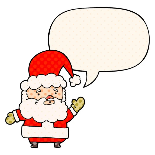 Cartone animato Babbo Natale agitando e la bolla vocale in stile fumetto — Vettoriale Stock
