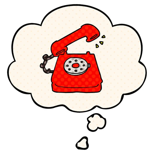 Cartoon old telephone and thought bubble in comic book style — Stock Vector