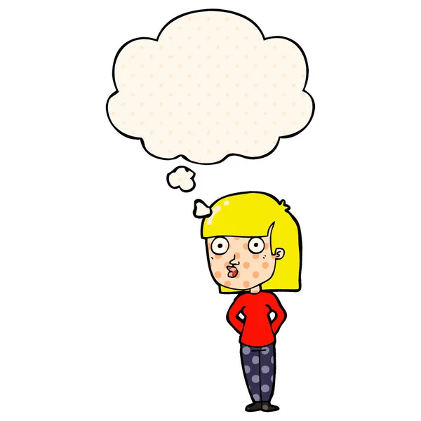 Cartoon woman staring and thought bubble in comic book style — Stock Vector