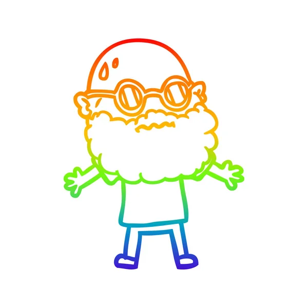 Linea gradiente arcobaleno disegno cartone animato preoccupato uomo con barba e — Vettoriale Stock
