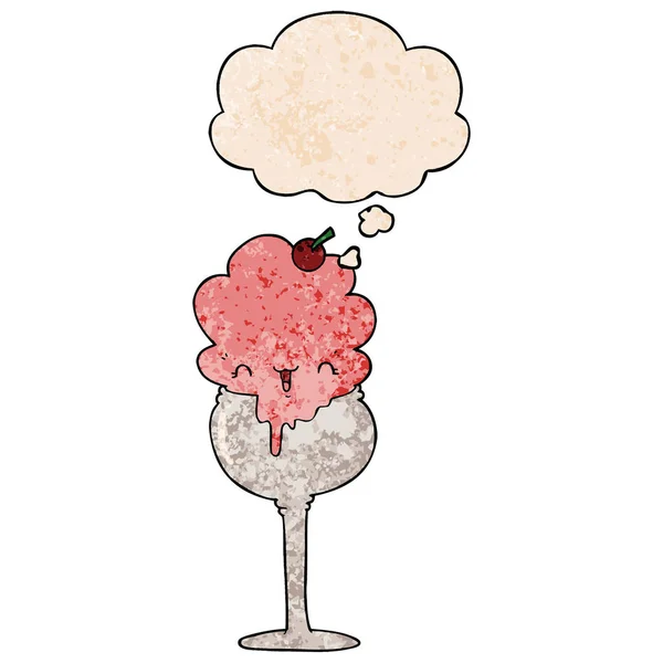 Mignon dessin animé crème glacée désert et bulle de pensée dans le grunge textu — Image vectorielle