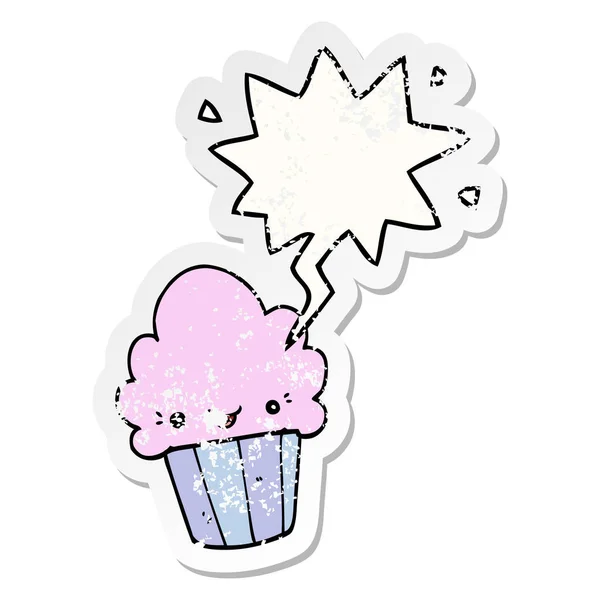 Karikatur Cupcake und Gesicht und Sprechblase distressed Aufkleber — Stockvektor