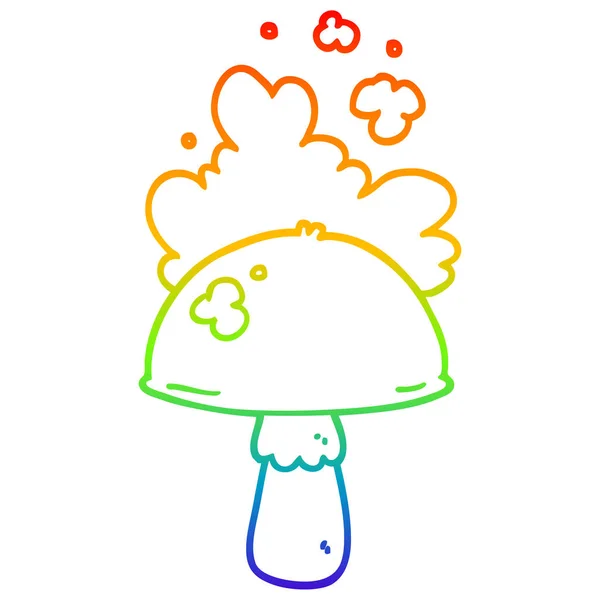 Regenboog gradiënt lijntekening cartoon paddestoel met Spore Cloud — Stockvector