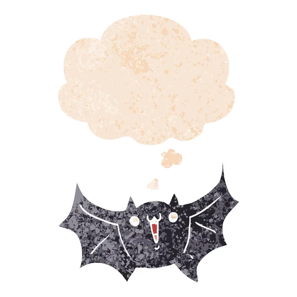Cartoon morcego vampiro feliz e bolha pensamento em retro texturizado s — Vetor de Stock