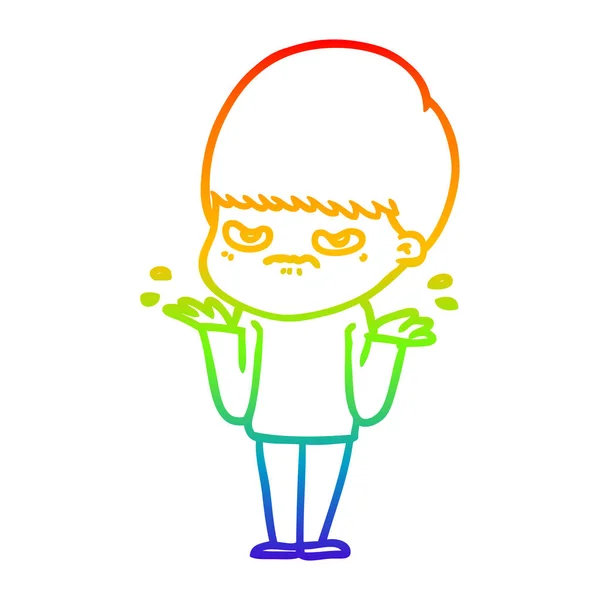 Rainbow gradient line drawing annoyed cartoon boy — Stock Vector