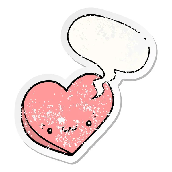 Karikatür aşk kalp ve yüz ve konuşma balonu sıkıntılı etiket — Stok Vektör