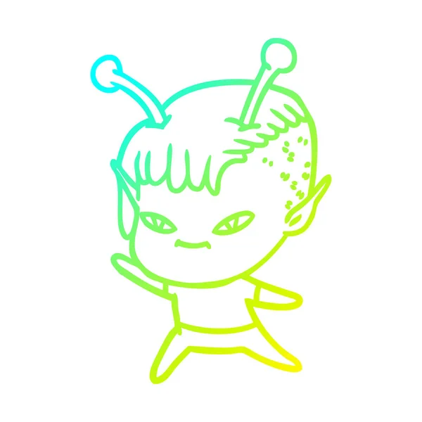 Cold gradient line drawing cute cartoon alien girl — стоковый вектор