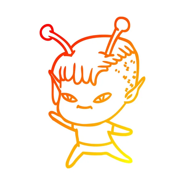 Warme kleurovergang lijntekening cute cartoon buitenaardse meisje — Stockvector