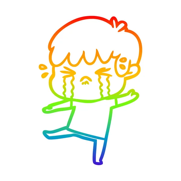 Rainbow gradient line drawing cartoon boy crying — Stock Vector