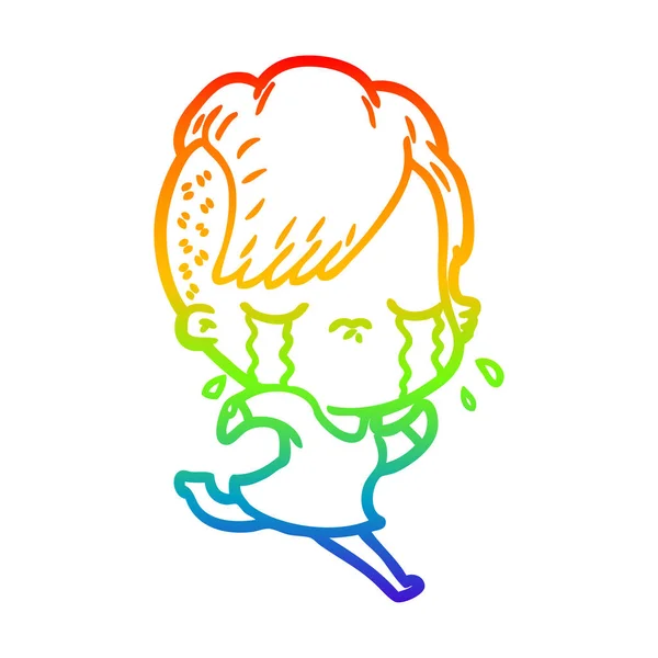 Rainbow gradient line drawing cartoon crying girl running away — Stock Vector