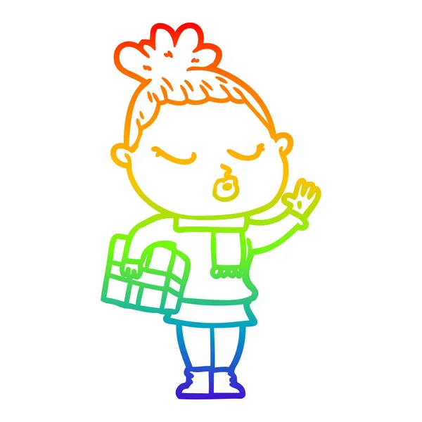 Arco iris gradiente línea dibujo dibujos animados mujer tranquila — Vector de stock